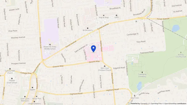 Map showing the location of Glen Cove Hospital at 101 St Andrews Ln, Glen Cove, NY 11542, served by DachiPlus medical transportation.