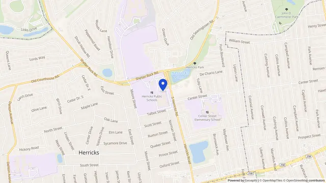 Map showing the location of Herricks Community Center Adult Day Program at 999 Herricks Rd, New Hyde Park, NY 11040, served by DachiPlus medical transportation.