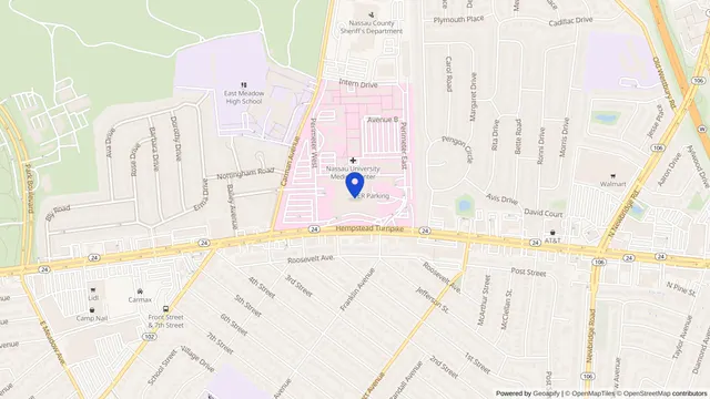 Map showing the location of Nassau University Medical Center at 2201 Hempstead Tpke, East Meadow, NY 11554, served by DachiPlus medical transportation.