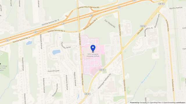 Map showing the location of NYU Langone Hospital—Suffolk Dialysis Center at 101 Hospital Rd, East Patchogue, NY 11772, served by DachiPlus medical transportation.