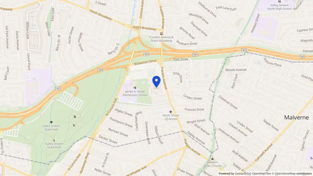 Map showing the location of Orzac Center for Extended Care and Rehabilitation at 900 Franklin Avenue, Valley Stream, NY 11580, served by DachiPlus medical transportation.