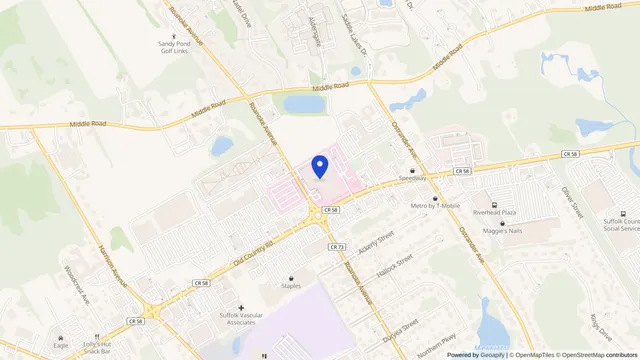 Map showing the location of Peconic Bay Medical Center at 1300 Roanoke Ave, Riverhead, NY 11901, served by DachiPlus medical transportation.