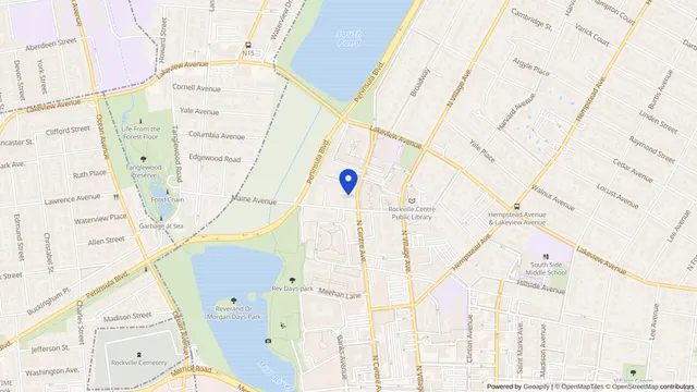 Map showing the location of Rockville Nursing Center at 41 Maine Avenue, Rockville Centre, NY 11570, served by DachiPlus medical transportation.