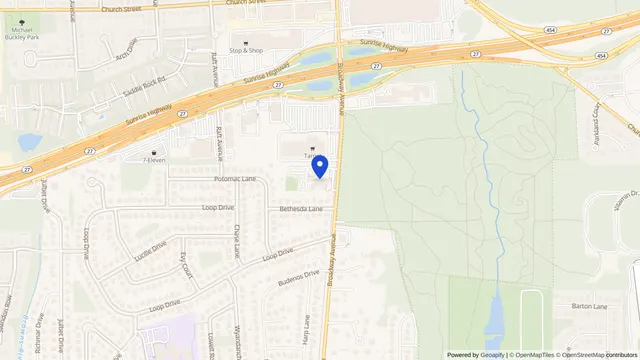 Map showing the location of Sayville Nursing and Rehab Center at 300 Broadway Avenue, Sayville, NY 11782, served by DachiPlus medical transportation.