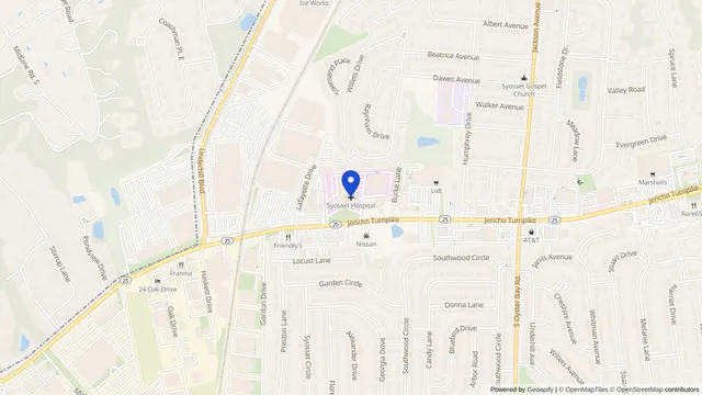 Map showing the location of Syosset Hospital at 221 Jericho Tpke, Syosset, NY 11791, served by DachiPlus medical transportation.