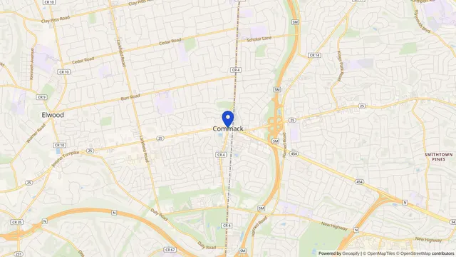 Map showing the location of Commack at Commack, Suffolk County, NY, served by DachiPlus medical transportation.