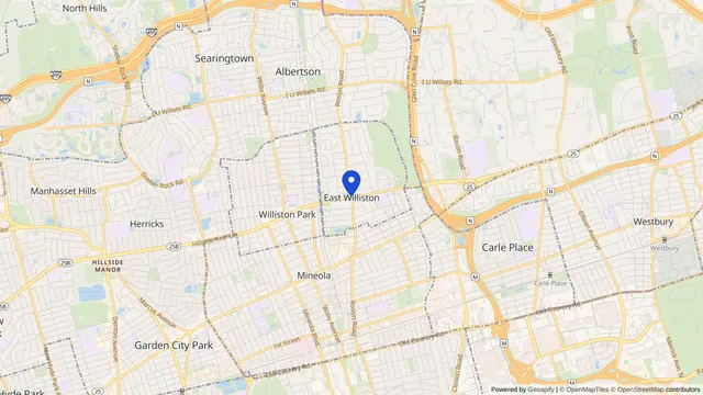 Map showing the location of East Williston at East Williston, Nassau County, NY, served by DachiPlus medical transportation.