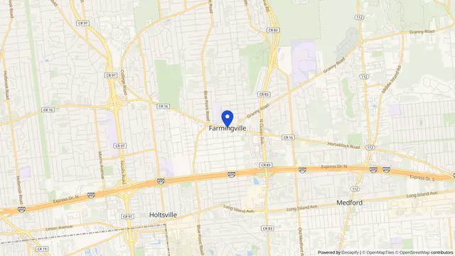 Map showing the location of Farmingville at Farmingville, Suffolk County, NY, served by DachiPlus medical transportation.