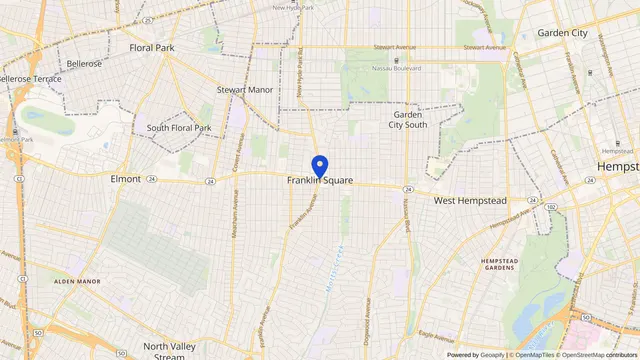 Map showing the location of Franklin Square at Franklin Square, Nassau County, NY, served by DachiPlus medical transportation.