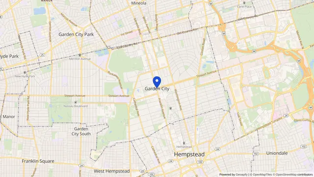 Map showing the location of Garden City at Garden City, Nassau County, NY, served by DachiPlus medical transportation.