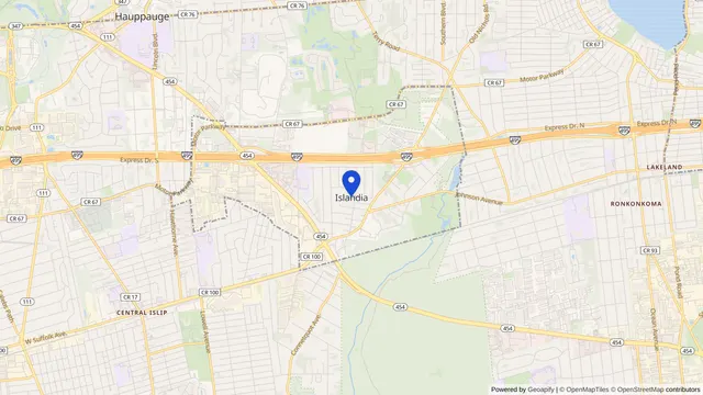 Map showing the location of Islandia at Islandia, Suffolk County, NY, served by DachiPlus medical transportation.