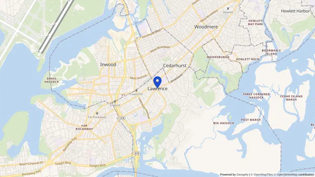 Map showing the location of Lawrence at Lawrence, Nassau County, NY, served by DachiPlus medical transportation.