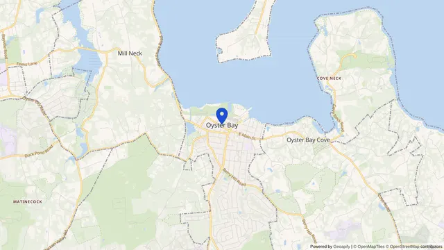 Map showing the location of Oyster Bay at Oyster Bay, Nassau County, NY, served by DachiPlus medical transportation.