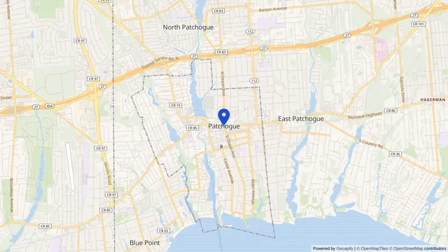 Map showing the location of Patchogue at Patchogue, Suffolk County, NY, served by DachiPlus medical transportation.