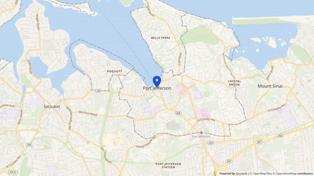 Map showing the location of Port Jefferson at Port Jefferson, Suffolk County, NY, served by DachiPlus medical transportation.