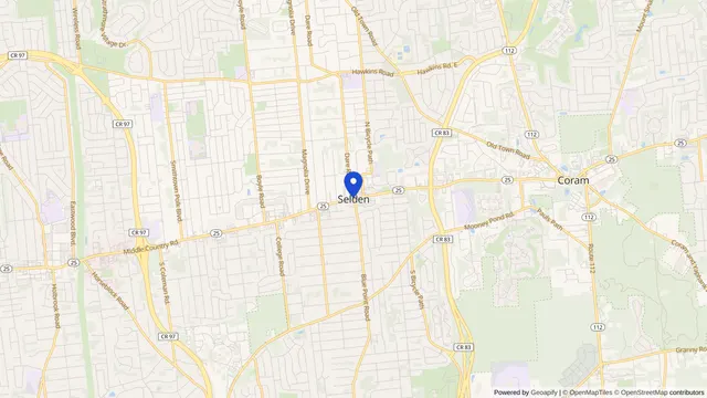 Map showing the location of Selden at Selden, Suffolk County, NY, served by DachiPlus medical transportation.