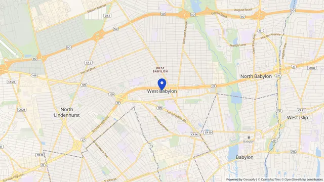 Map showing the location of West Babylon at West Babylon, Suffolk County, NY, served by DachiPlus medical transportation.